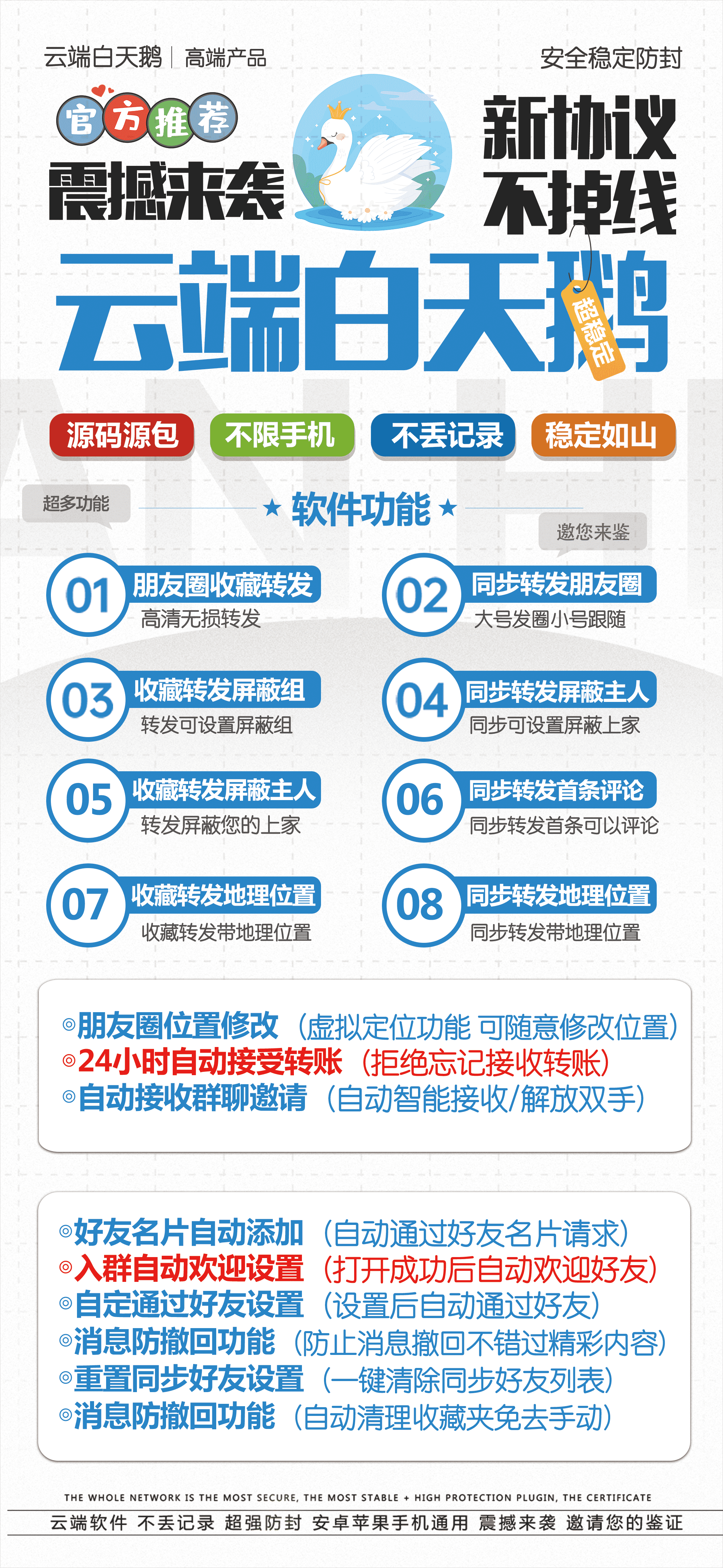 云端转发-白天鹅官网-自动点赞/自动评论/一键转发/消息防撤回-使用月码授权